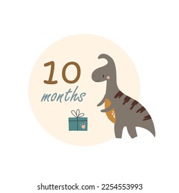 10 ten months Baby month anniversary card metrics. Baby shower print with cute animal dino all special moments. Baby milestone card for newborn.