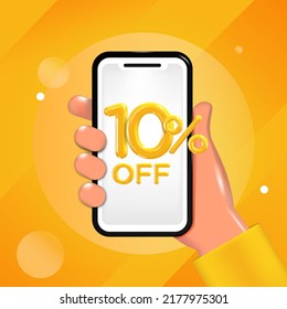 10 or ten percent off design. Hand holding a mobile phone with an offer message. Special discount promotion, sale poster template. Vector illustration