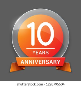 10 / Ten Years Anniversary Logo with Glass Emblem Isolated. 10th / Tenth Celebration. Editable Vector Illustration.