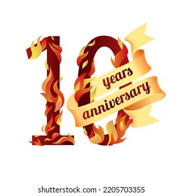 10 (ten) years anniversary. Vector digits of burning flames