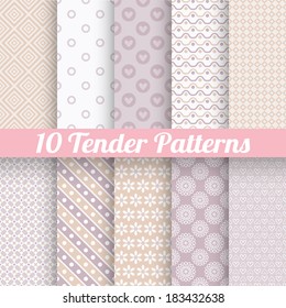 10 Tender loving wedding vector seamless patterns (tiling). Fond beige and white colors. Endless texture can be used for printing onto fabric and paper or invitation. Heart, flower, dot.