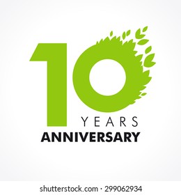 10 th anniversary numbers. 10s years old logotype. Age congrats, congratulation concept with leaves. Isolated abstract graphic design template. Herbal digits, up to 10% percent off discount. Eco label