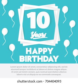 10 th birthday celebration greeting card paper art style design, birthday invitation poster background with balloon. ten anniversary celebrations blue color