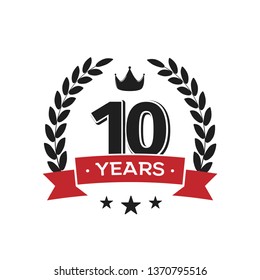 10 th birthday vintage logo template. Tenth years anniversary retro isolated vector emblem with red ribbon and laurel wreath on white background.