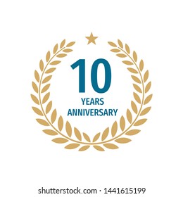 10 th years anniversary badge design with a laurel wreath. Ten years birthday logo emblem. 