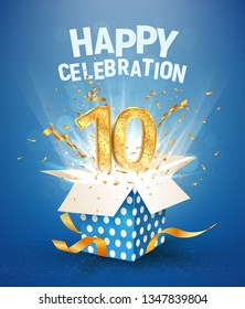 10 th years anniversary and open gift box with explosions confetti. Template tenth birthday celebration on blue background vector Illustration