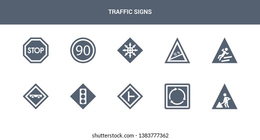 10 traffic signs vector icons such as road work, roundabout, side road,  , skateboard contains slippery, slope, snow, speed limit, stop. traffic signs icons