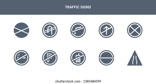 10 traffic signs vector icons such as narrow road, no entry, no mobile phone, no parking, smoking contains stopping, straight, turn right, turn, waiting. traffic signs icons