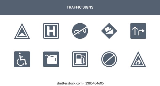 10 traffic signs vector icons such as fire, forbidden, gas station, gasoline, handicap contains highway, hill, horn, hospital, humps. traffic signs icons
