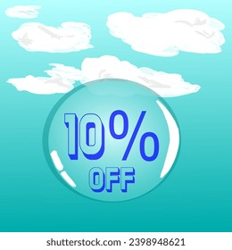 10% burbuja de jabón transparente en cielo azul para descuento y promoción, colores azul y blanco