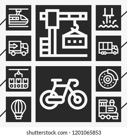 10 transportation  outline style icons about industry, disc brake, crane, conveyor, train, hot air balloon, subway, lorry, bike