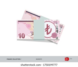 Billetes en liras turcas 10. Un montón de dinero. Ilustración vectorial de estilo plano.