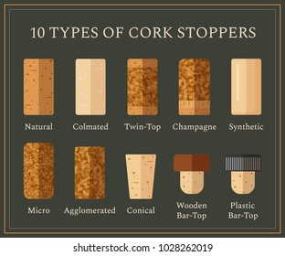 10 types of cork stoppers. Vector set with different isolated corks and title for each kind on dark background. Flat design illustration for presentation or promo material.