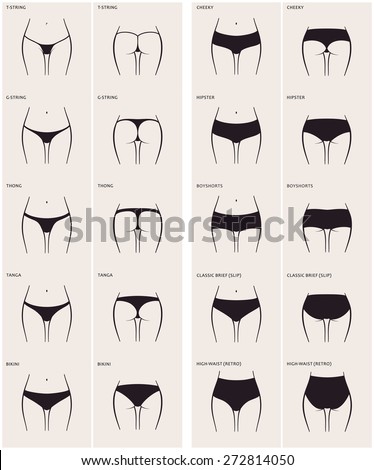 10 types of women's panties. Vector set of underwear. Silhouette ass in front and behind. string, thong, tanga, bikini, cheeky, hipster, boyshorts, classic brief, slip, high waist, retro