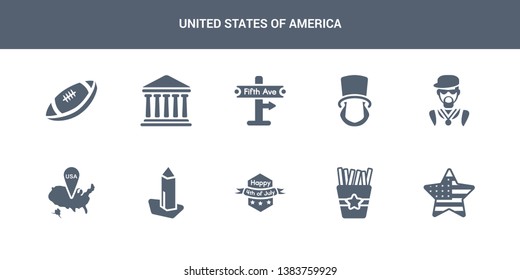 10 united states of america vector icons such as united states, french fries, 4th of july, washington monument, usa contains rapper, lincoln, fifth avenue, government, rugby ball. united states of