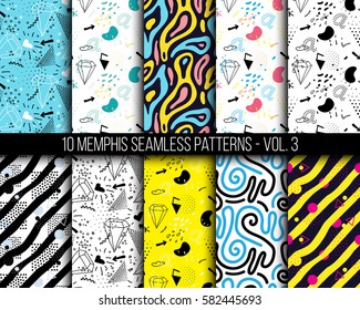 10 universal different geometric memphis seamless patterns. Colorful bright doodle endless vector texture can be used for wrapping wallpaper, pattern fills, clothes, wallpapers, surface textures