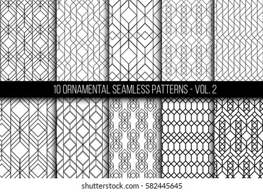 10 universal different geometric seamless patterns. Endless vector texture can be used for wrapping wallpaper, clothes, wallpapers, web page backgrounds, surface textures. Monochrome ornaments set