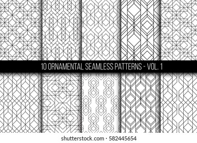 10 universal different geometric seamless patterns. Endless vector texture can be used for wrapping wallpaper, clothes, wallpapers, web page backgrounds, surface textures. Monochrome ornaments set