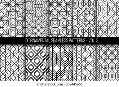 10 universal different geometric seamless patterns. Endless vector texture can be used for wrapping wallpaper, clothes, wallpapers, web page backgrounds, surface textures. Monochrome ornaments set