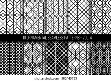 10 universal different geometric seamless patterns. Endless vector texture can be used for wrapping wallpaper, clothes, wallpapers, web page backgrounds, surface textures. Monochrome ornaments set