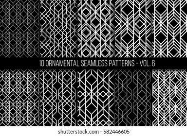 10 universal different geometric seamless patterns. Endless vector texture can be used for wrapping wallpaper, clothes, wallpapers, web page backgrounds, surface textures. Monochrome ornaments set