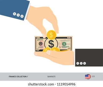 10 US Dollar Banknote and coins in the palm of hands. Flat style vector illustration. Finance concept.