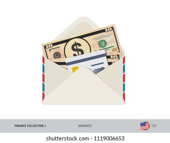 10 US Dollar Banknote. Flat style opened envelope with cash. Dollar banknotes and credit card. Salary payout or bank transaction concept.