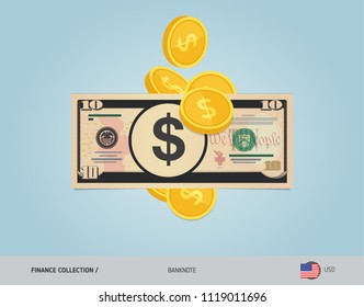 10 US Dollar Banknote with flying coins. Flat style vector illustration. Finance concept.