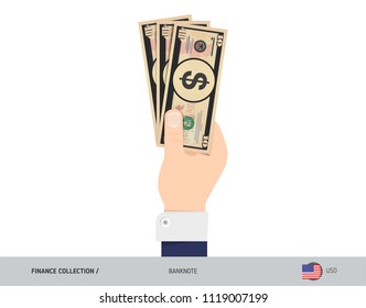10 US Dollar Banknote. Hand gives money. Flat style vector illustration. Salary payout or corruption concept.