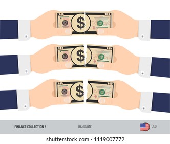 10 US Dollar Banknote. Hands tearing banknote set. Flat style vector illustration. Business finance concept.