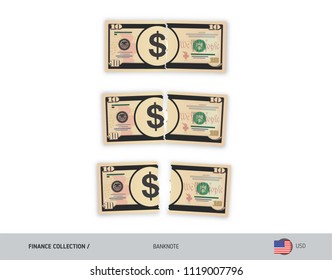 10 US Dollar Banknote. Ripped moneys. Flat style vector illustration. Business finance concept.