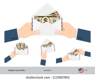 10 US Dollar Banknotes in envelope hold in hand. Set of flat style opened white envelopes with cash. Salary payout or corruption concept.