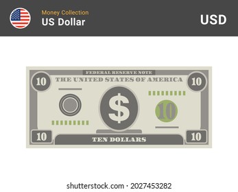 10 US Dollar bill. American money banknote. Currency vector set. Stylized drawing of bills. Flat vector illustration.