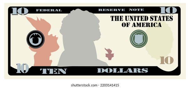 10 US Dollars  banknote. Vector dollar banknotes isolated on white background illustration.