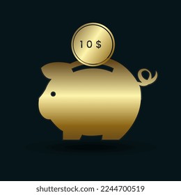 Moneda de oro de 10 USD colocada en banco de cerdas doradas, ahorrando dinero concepto de diseño de ilustración vectorial.