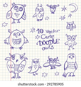 10 vector doodle cute funny owls. A rough sketches.