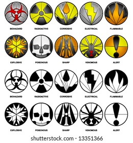 10 vector icons for hazards in beveled glass and black and white styles
