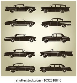 10 vector icons of vintage cars on a beige background