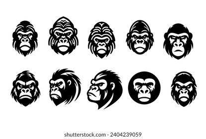 10 Vector Illustration Set of Black Color Gorilla Face Silhouette 