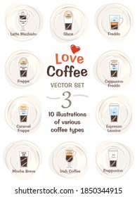 10 vector illustrations of various types of coffee