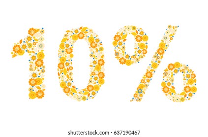 10% vector percentage number, consisting from flowers, leaves and dots on white background. Flat style elements. Perfect for sales, discount, retails. Sunny yellow, orange colors