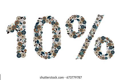10% vector percentage number, consisting from flowers, leaves and dots on white background. Flat style elements. Perfect for sales, discount, retails. Trendy colors