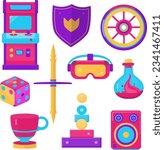 10 video games icon illustrations set. arcade machine, shield, racing wheel, energy potion, VR glasses, sword, game cube, game cup, level up, and speaker objects for your design.