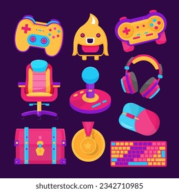 10 video games icon illustrations set. console game. character game, hand-held console game, gaming chair, joystick, gaming headset, gaming mouse, treasure chest, medal icon, and gaming keyboard.