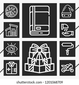 10 view  outline style icons about view, present, santa hat, pizza, hand dryer, motorcycle, shirt, roller, buildings