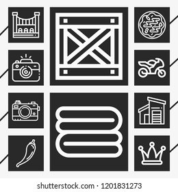 10 view  outline style icons about hat, camera, pepper, pizza, box, motorcycle, towel, bridge