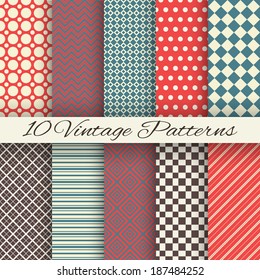 10 Vintage different vector seamless patterns (tiling). Endless texture for wallpaper, fill, web page background, surface texture. Set of abstract geometric ornament. Red and blue shabby colors.