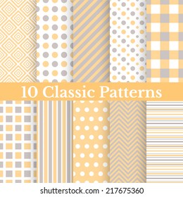 10 Vintage different vector seamless patterns. Endless texture for wallpaper, fill, web page background, surface texture. Set of classic geometric ornaments. Yellow, grey and white shabby colors.