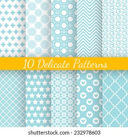 10 Vintage different vector seamless patterns. Endless texture for wallpaper, fill, web page background, surface texture. Set of monochrome geometric ornament. Blue and white shabby pastel colors.