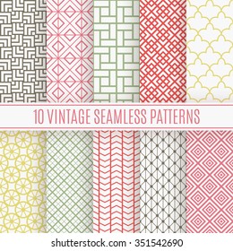10 Vintage different vector seamless patterns. Endless texture for wallpaper, fill, web page background, surface texture. Set of monochrome geometric ornament. Shabby colors.